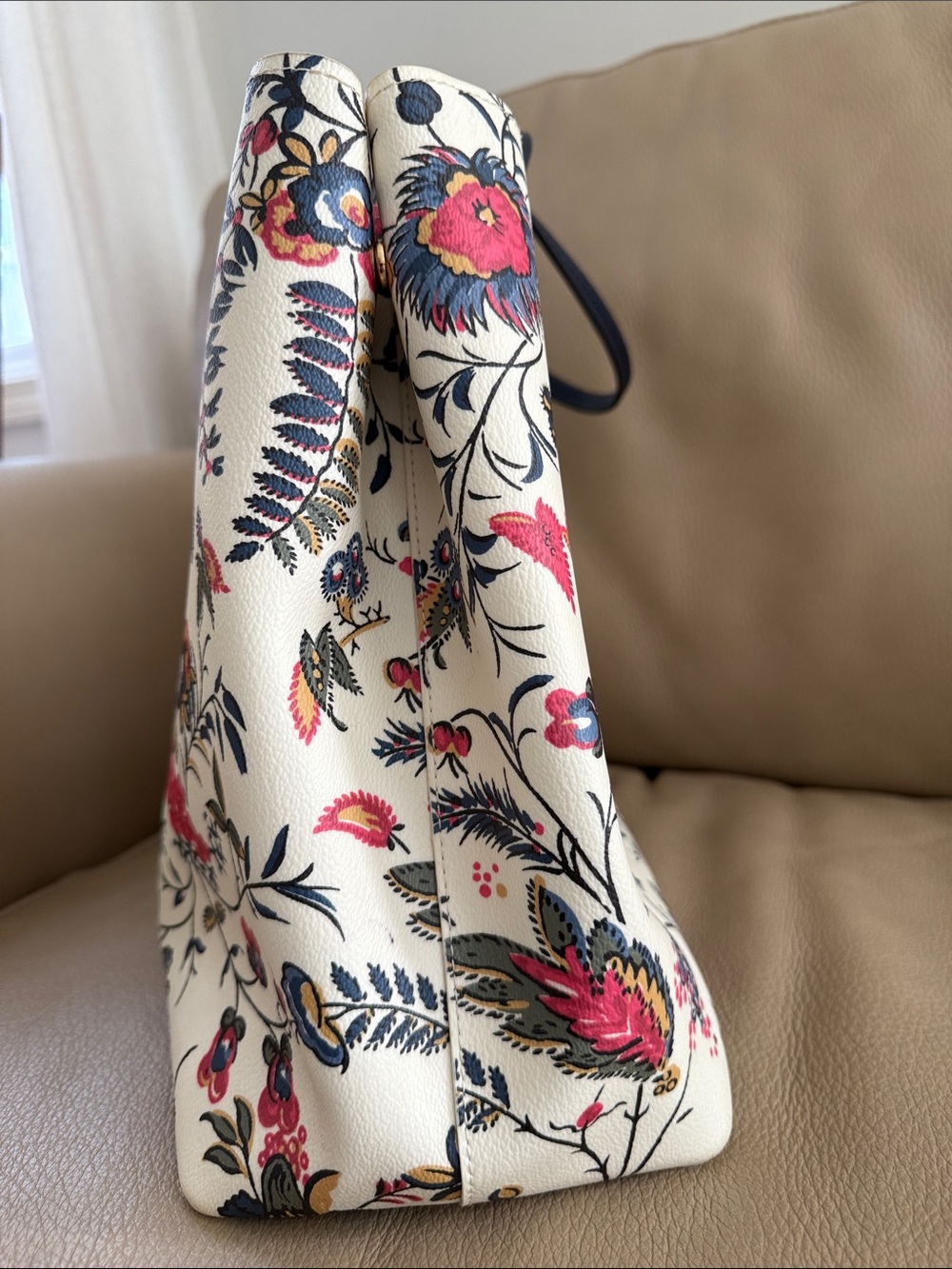 Tory Burch Floral Print Tote Bag with Navy Handles - Cream & Multicolor - Picture 4 of 15
